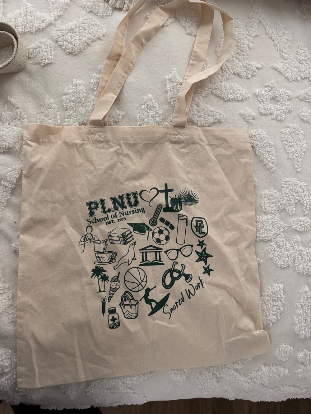 PLNU School of Nursing Tote Bag in Beige with Green Print